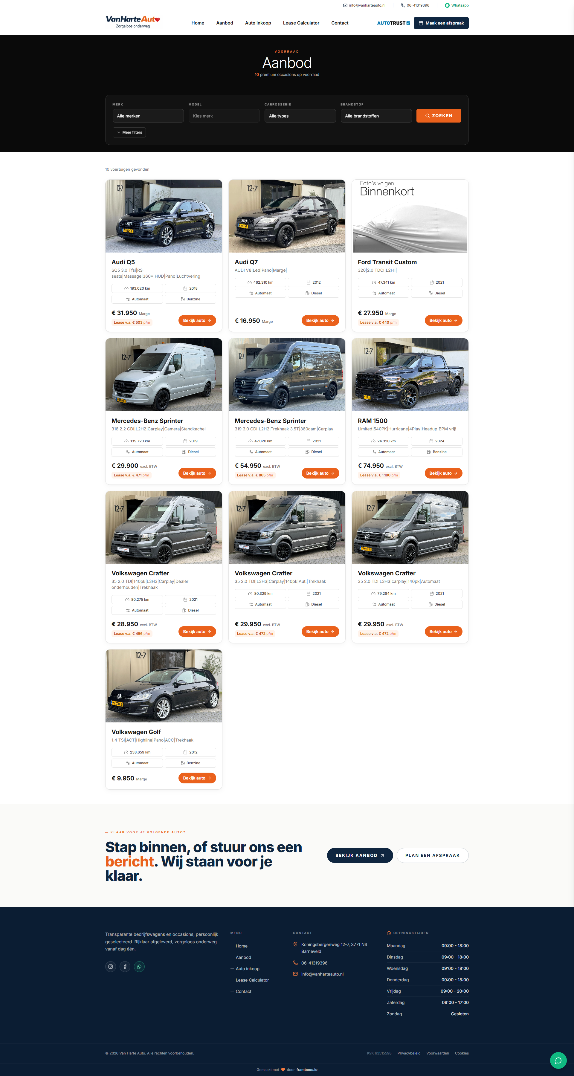 Website Van Harte Auto — voorraad met lease calculator